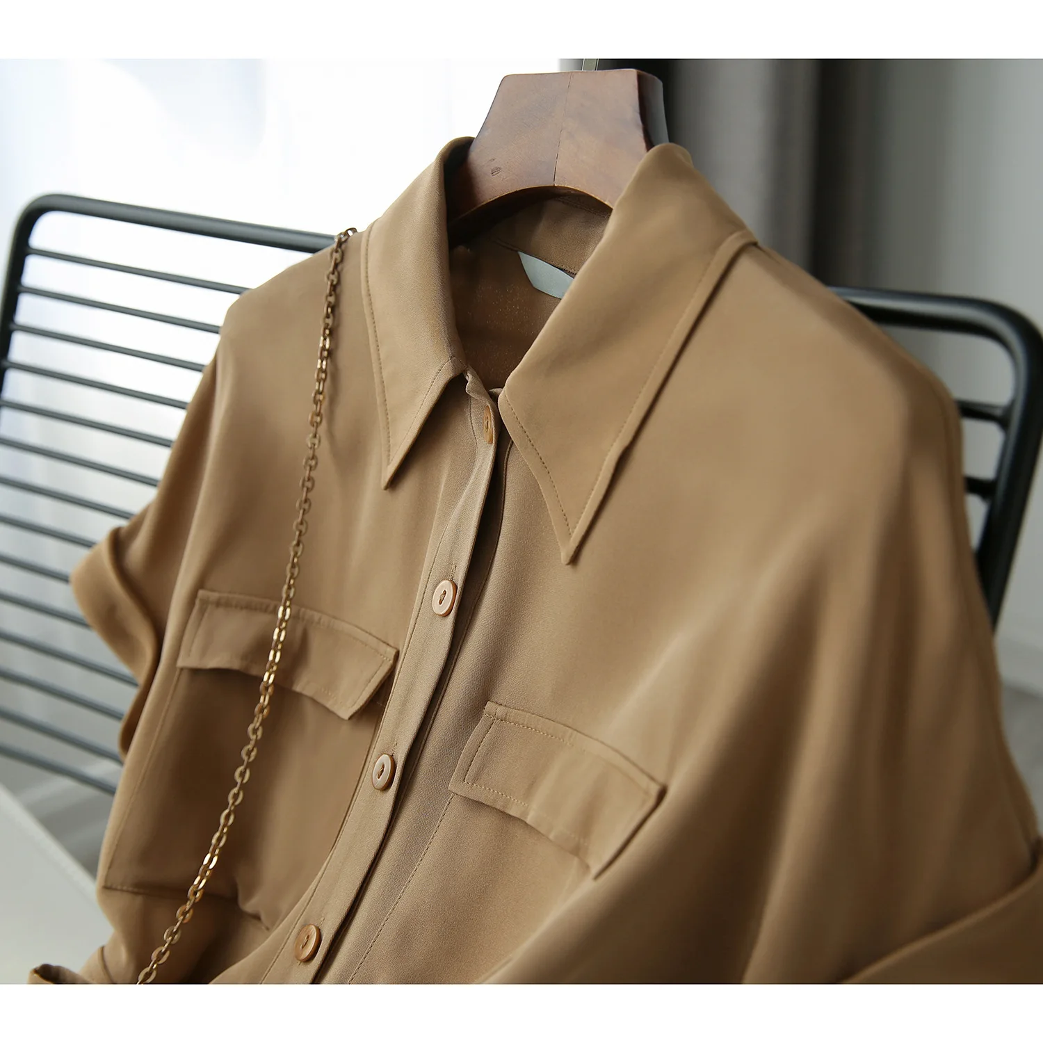 Simple Luxury 30MM Mulberry Silk Crepe Lace-up Shirt Dress Women Elegant OL Silk Dress Shirt Dress with Belt and Pocket Brown