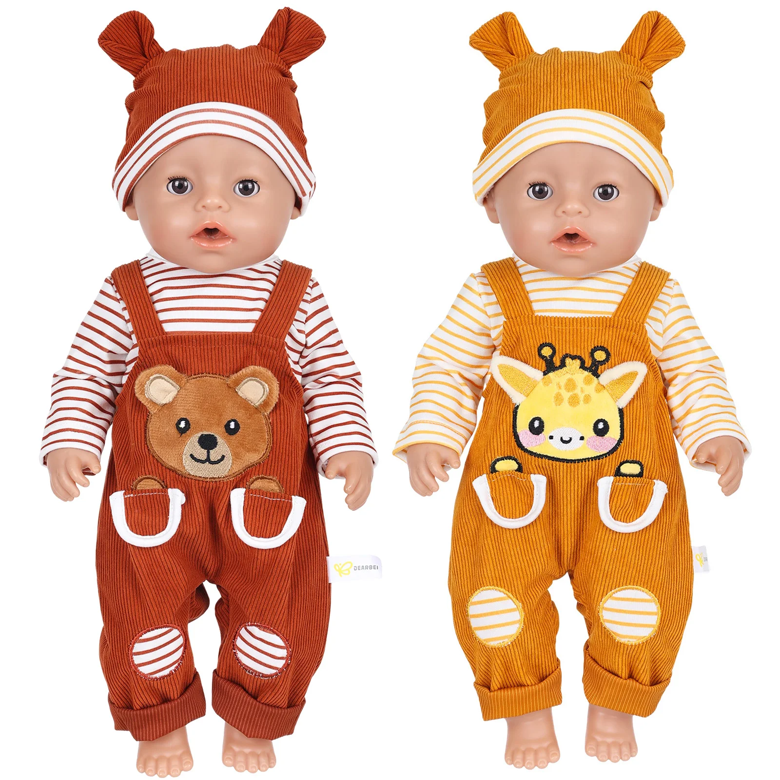 Cute Doll Clothes for 16-18 Inch 40-45cm Baby Doll Bear Giraffe Costume Striped Jumpsuit with Hat for 18 Inch Doll Accessories