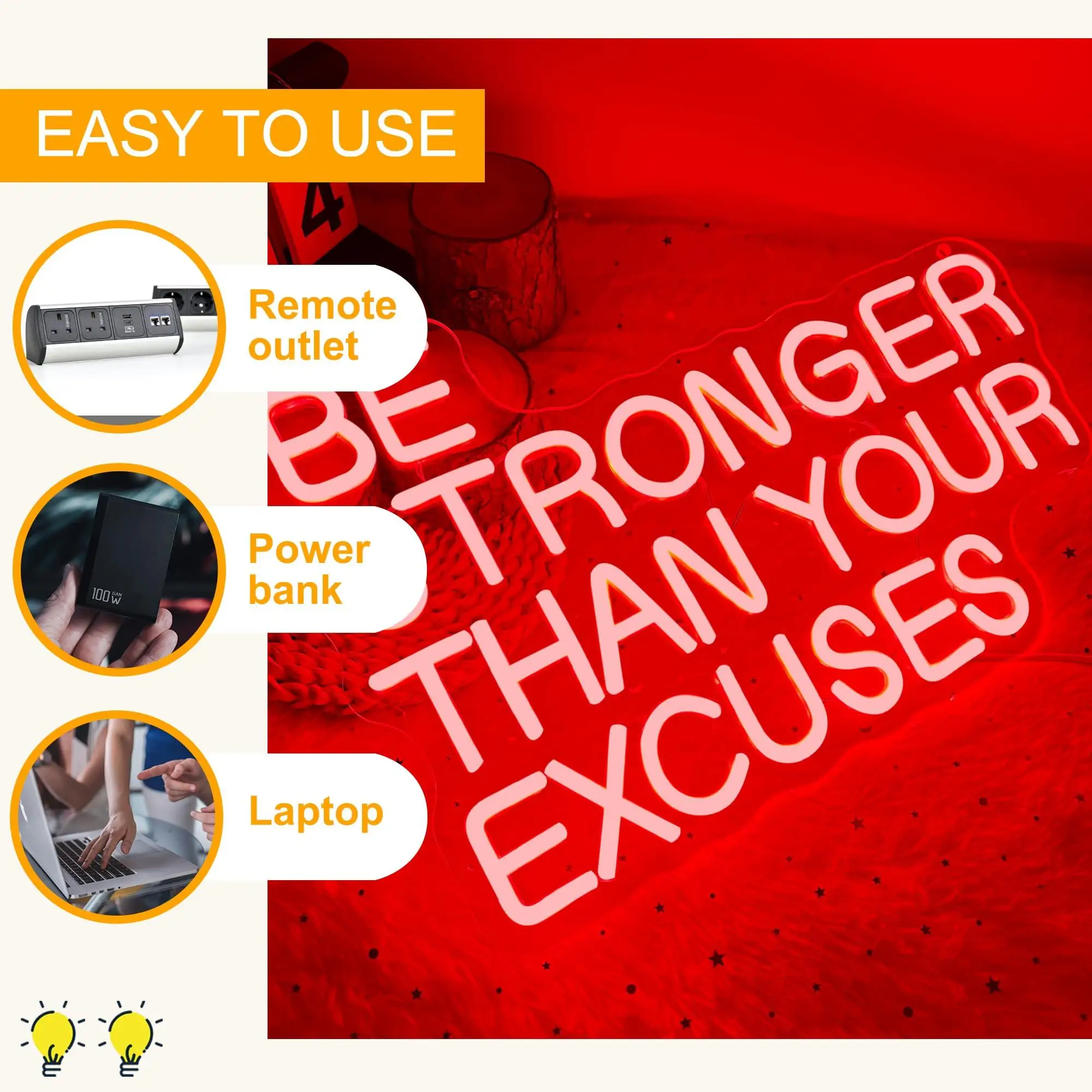 Be Stronger Than Your Excuses Neon Sign Gym Neon Light Motivational Sign for Gym Office Classroom Bedroom Bar Gymnastic Athletes