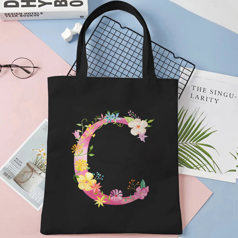 26 Alphabet Women Handbag Shopper Bags Flower Letter Series Canvas Tote Bag Harajuku Large Capacity Black Shopping Shoulder Bag