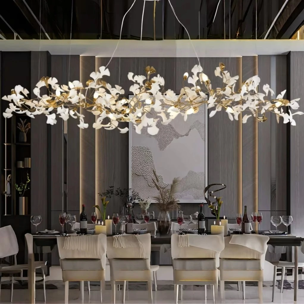 Long Ginko Leaves Ceiling Hanging Chandelier High Ceiling Rectangle White Porcelain Branch Leaf Pendant Chandelier For Vila Loft