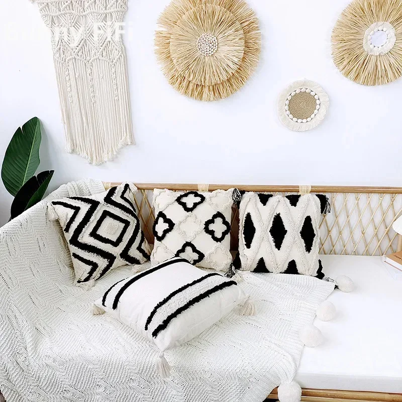 

Черный, бежевый, тафтинговый чехол для подушки в стиле бохо, 4, декоративная наволочка с угловой бахромой, 45X45/30X50 см, домашние декоративные подушки для дивана