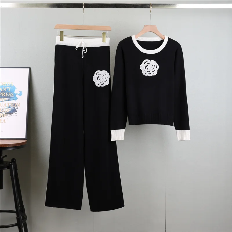 Women Sweater Pant Set Winter Knitted Casual Pullovers Suits Long Sleeve Autumn Loose Tops Elastic  Elegance Sweaterpants