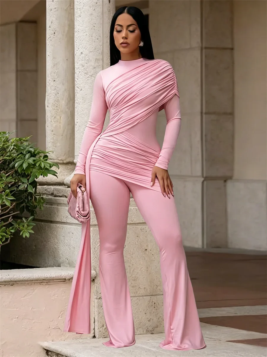 Weird Puss Fashion Ruched Flared Jumpsuit Women Chic Ribbon Patchwork Full Sleeve O-Neck Stretch Skinny Trend Party Streetwear