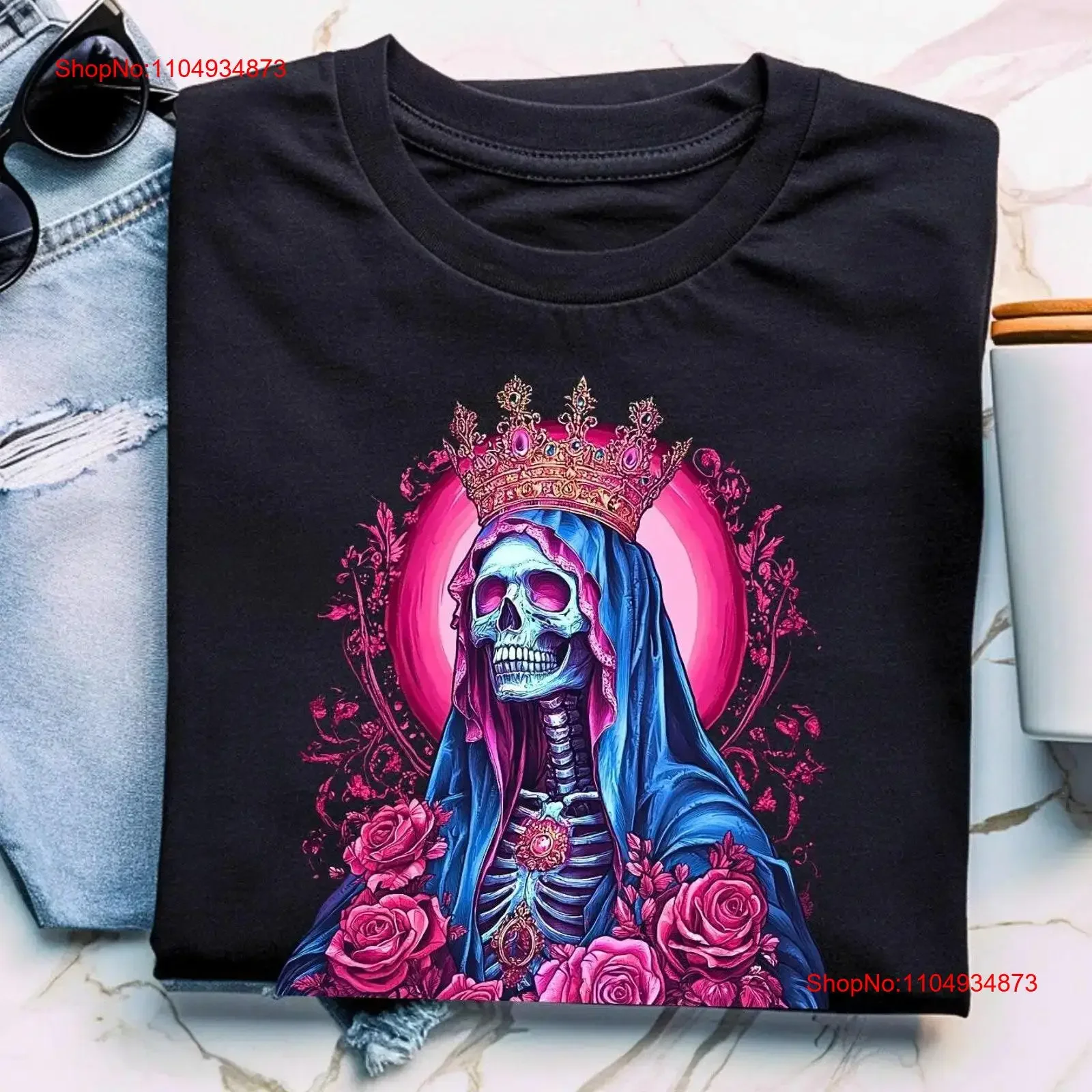 

Santa Muerte T Shirt Dio De Los Muertes Holy Death Dark and Mystical Symbol of Strength Day The Dead vintage Washed