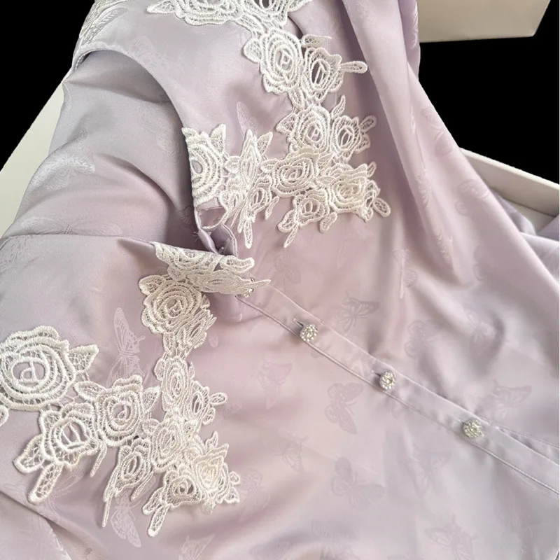 26 New Spring Aummer Jacquard Ice Silk Pajamas Women 2piece Set Luxury Crafted Plus Size Homewear Long Sleeve Pants Nightgown