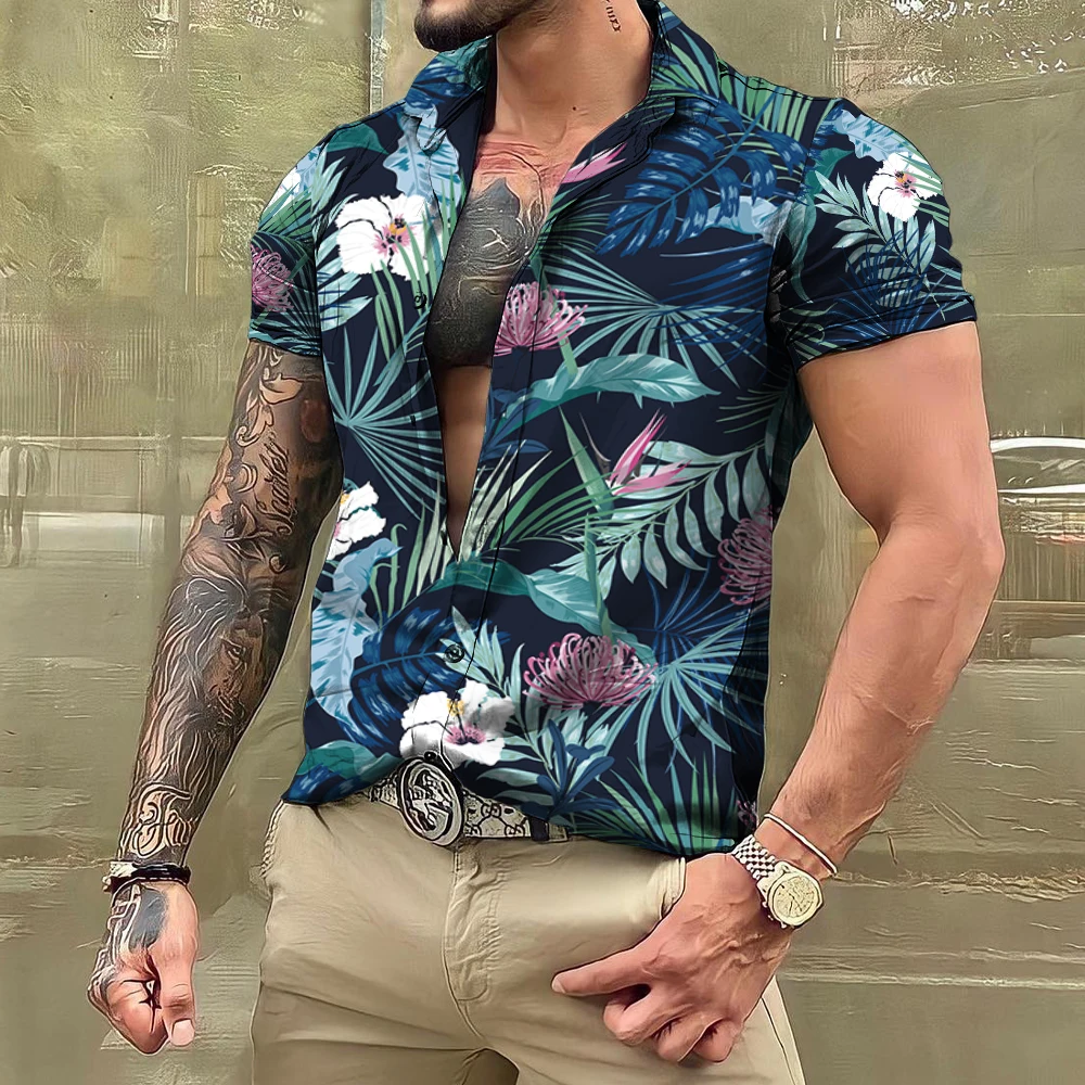 Camisas de folhas havaianas masculinas, manga curta floral, tops casuais de grandes dimensões, sociais, roupas de rua cotidianas, tropicais, 2024