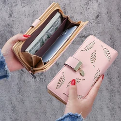 Women's Hollow Golden Leaf Buckle Wallet Female Long Zipper Coin Purses Ladies Multifunction Card Holder Clutch Money Bag 2022