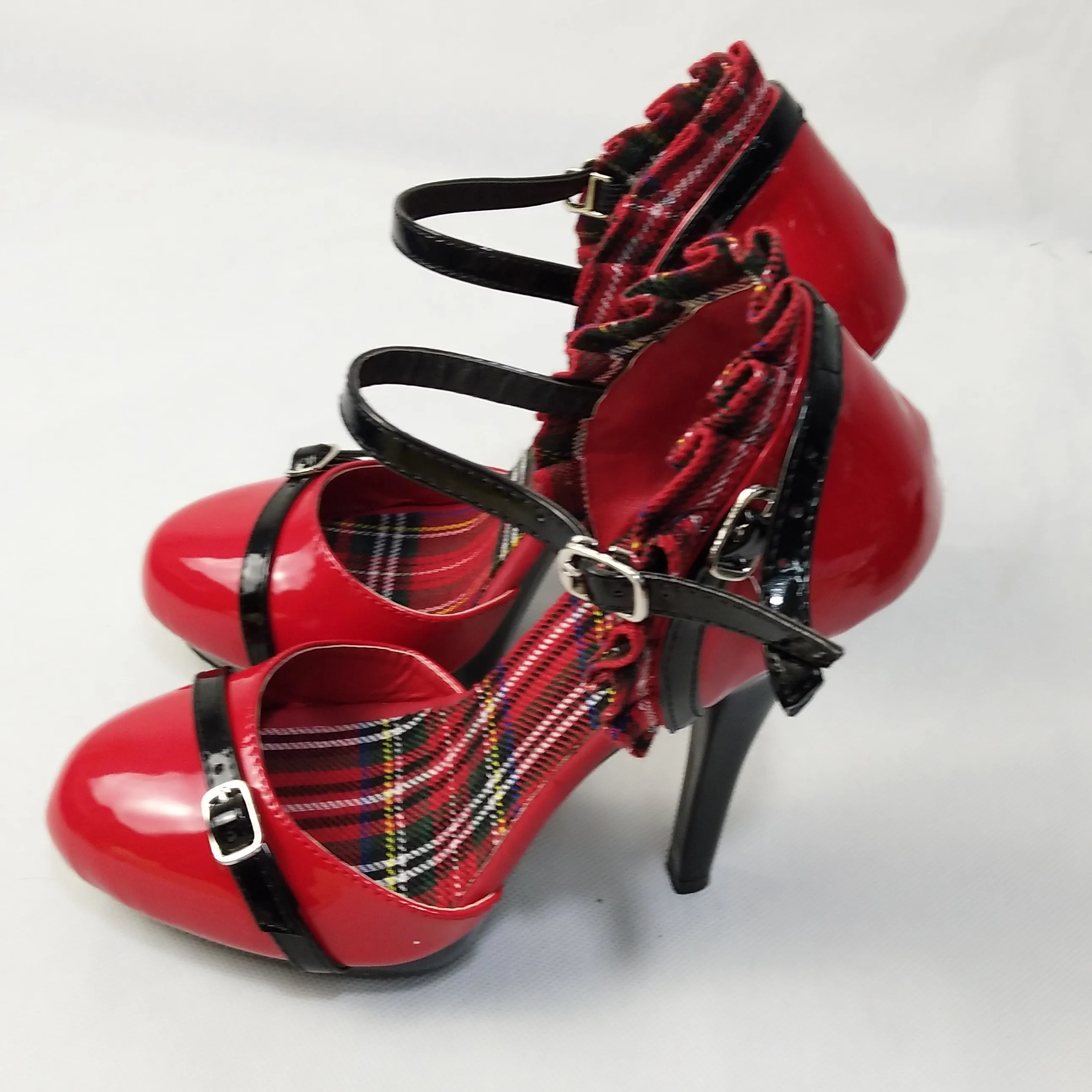 Plaid cloth decoration, black lacquer heel 13 cm high heels, big size fashion stage show pole dance shoes