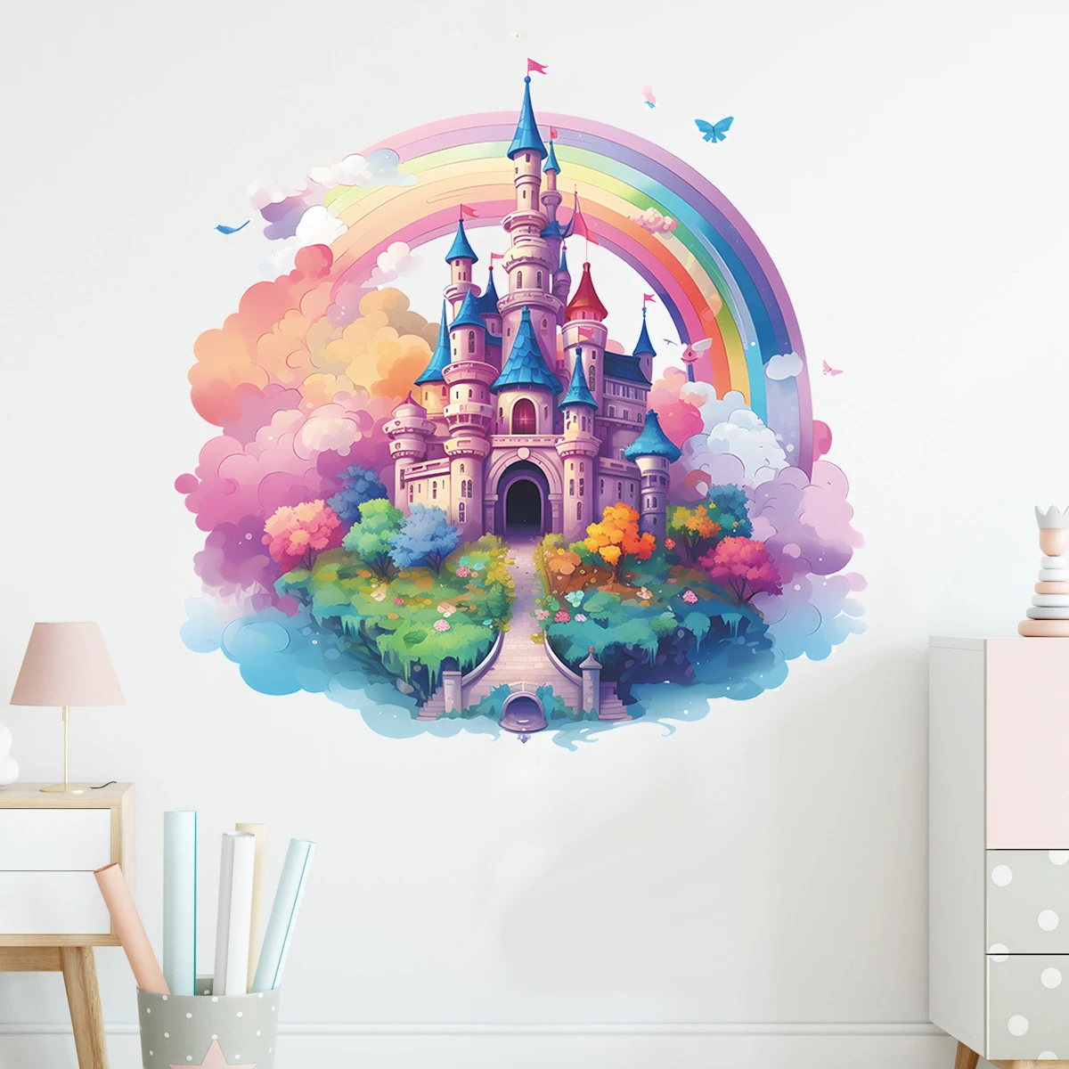 Cartoon Rainbow Castle Magic Kingdom Wall Sticker for Kids Room Girls Room Decoration Princess Castle Vinyl Nursery Decor Decals