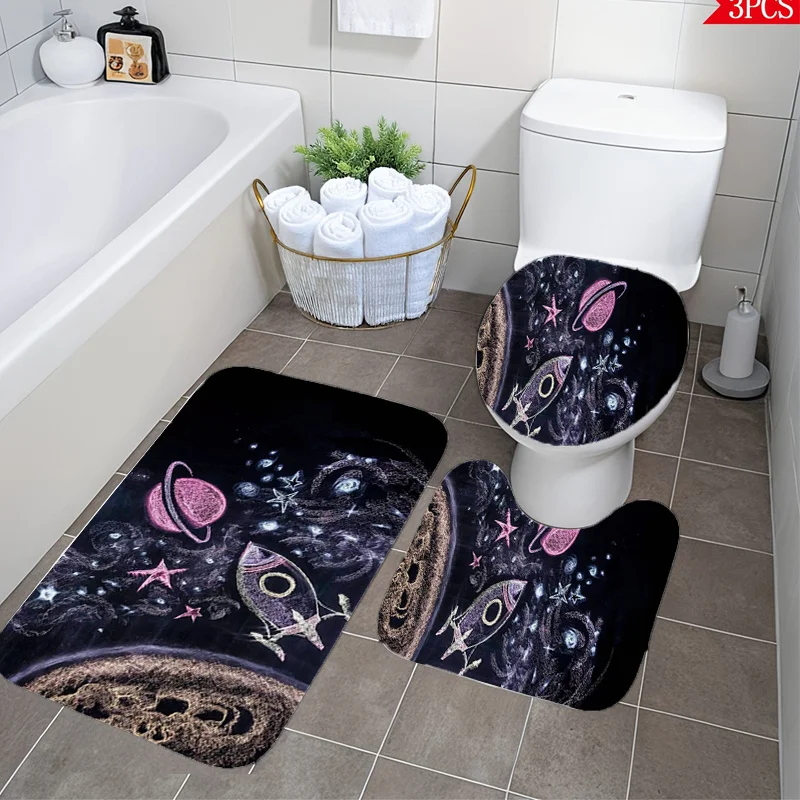 

3pcs Space Galaxy Bath Mat Set Chalk Texture Pink Planet Non-Slip Soft Plush Rug Toilet Lid Cover U-Shaped Mat Holiday Decor