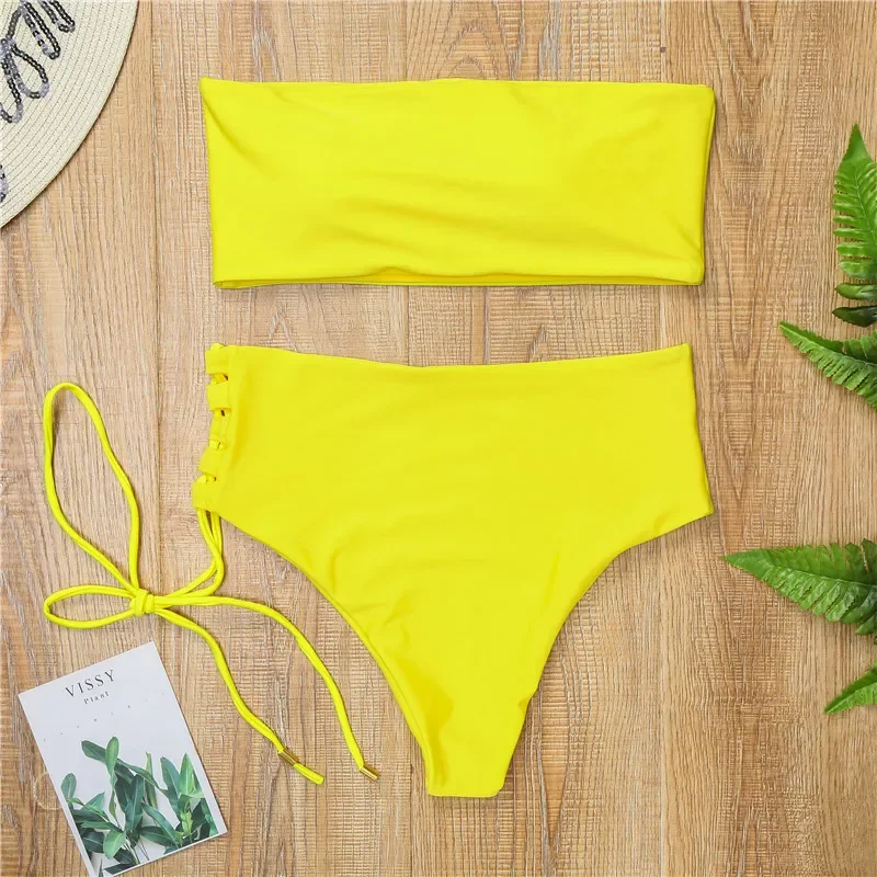 Sexy Bikini 2025 White Bathing Suit High Waist Swimsuit Solid Beachwear Adjust Bottom Swimwear Women Hot Bandeau Pads
