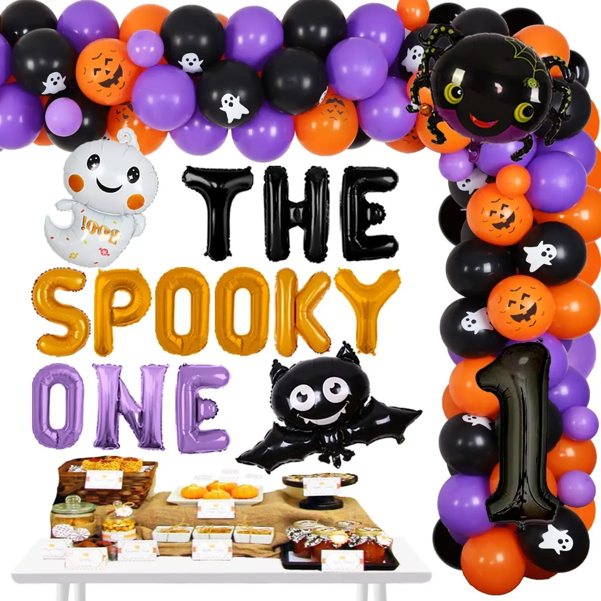 

KREATWOW-The Spooky One Theme Birthday Decoration, Ghost, Spider, Bat, Foil Balloon, Boy, Girl, 1st Birthday Party Supplies