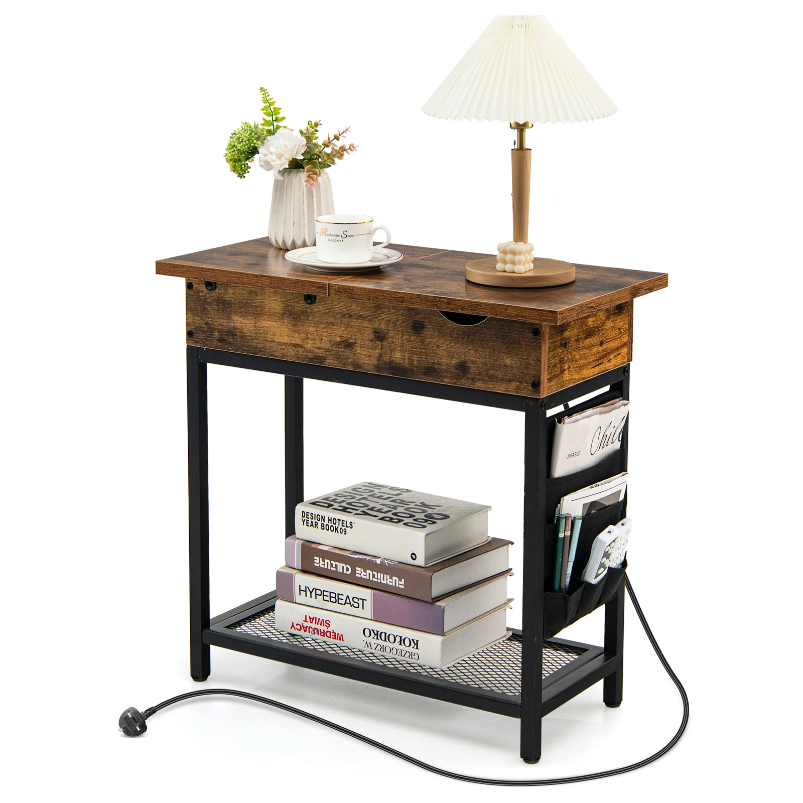 GOFLAME End Table Narrow Side Table w/ Side Pocket & Open Metal Mesh Shelf