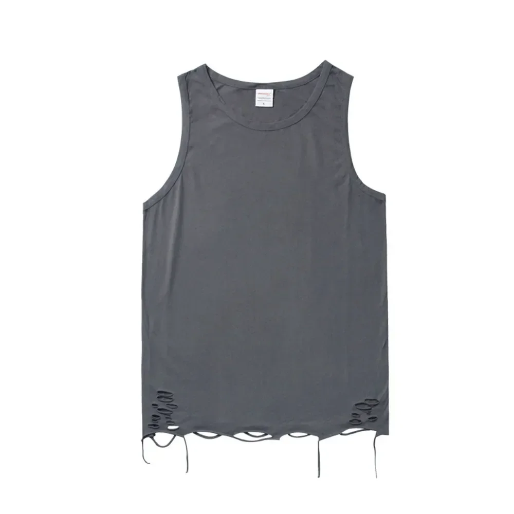 Mens Vest Minimalist Solid Perforated Casual Sleeveless Summer Street Trend Loose Layered Bottom T-shirt for Men