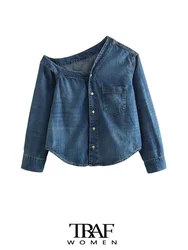 TRAF-Asymmetric Denim Shirts With Pockets For Women, Long Sleeve, Front Button, Female Blouses, Chic Tops, Fashion