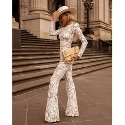 Sexy Long Sleeve O Neck High Waist Belt Hollow Out Embroidery Flare Pants Onepieces Elegant Women Lace Corset Jumpsuit Romper