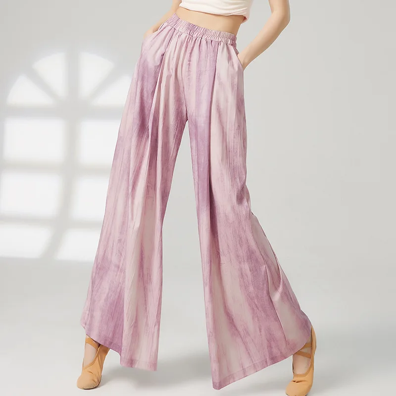 2025 Nuova danza classica cinese che scorre drappo pieghettato pantaloni a gamba larga pantaloni da danza moderna da donna pantaloni per esercizi per il corpo yoga