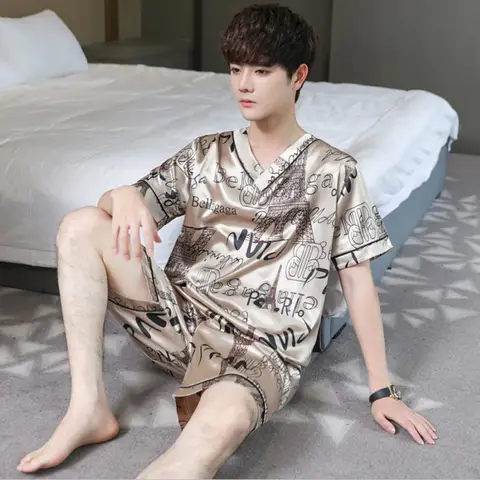 Silk Pajama Sets Men Two Pieces Sleepwear Short Sleeve Top Shorts Summer Loungewear Print High Quality Nightwear Thin Pajamas