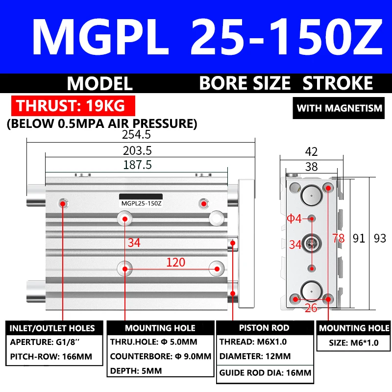 

ABILKEEN MGPL Series Pneumatic Compact Guide Cylinder MGPL25-150Z 25MM Bore X 150MM Stroke Three Axis Three Rod Air Cylinder
