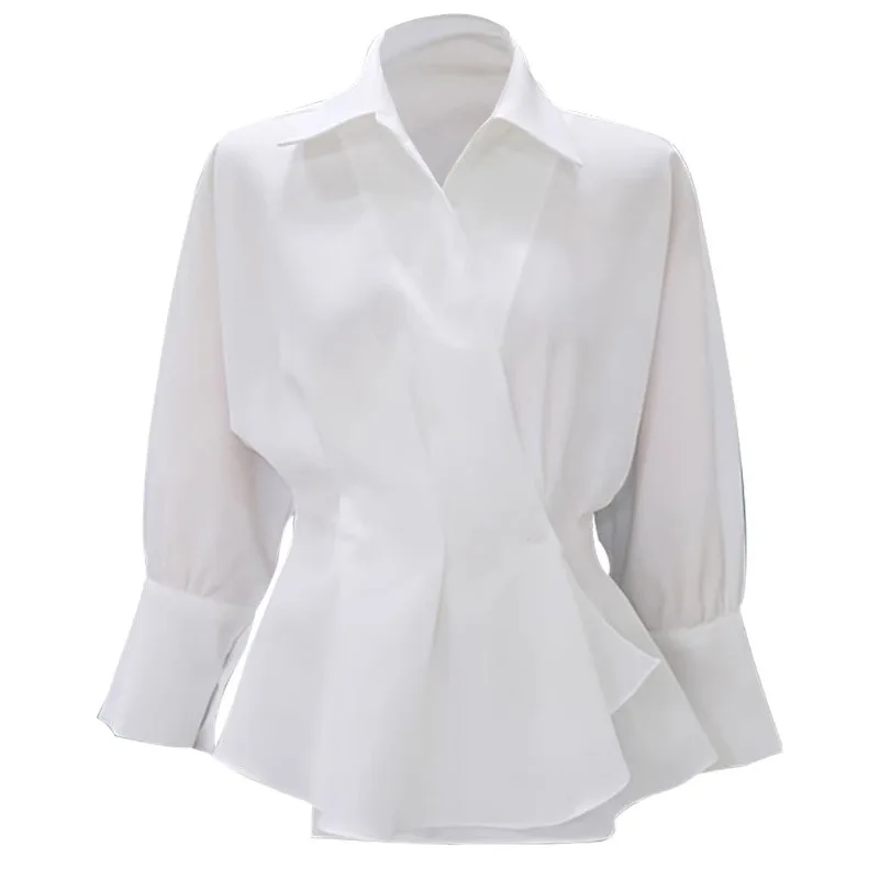 White shirt women's 2024 spring new high-end shirt workplace light mature style slim fit waist French pinch top