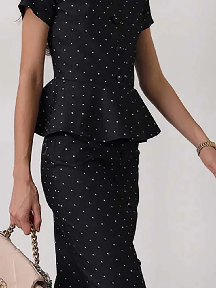 

Fashion Button Slim 2Pc Outfits Women Elegant Polka Dot Print Long Skirt Set Causal O-neck Short Sleeve Top with Long Skirt Suit