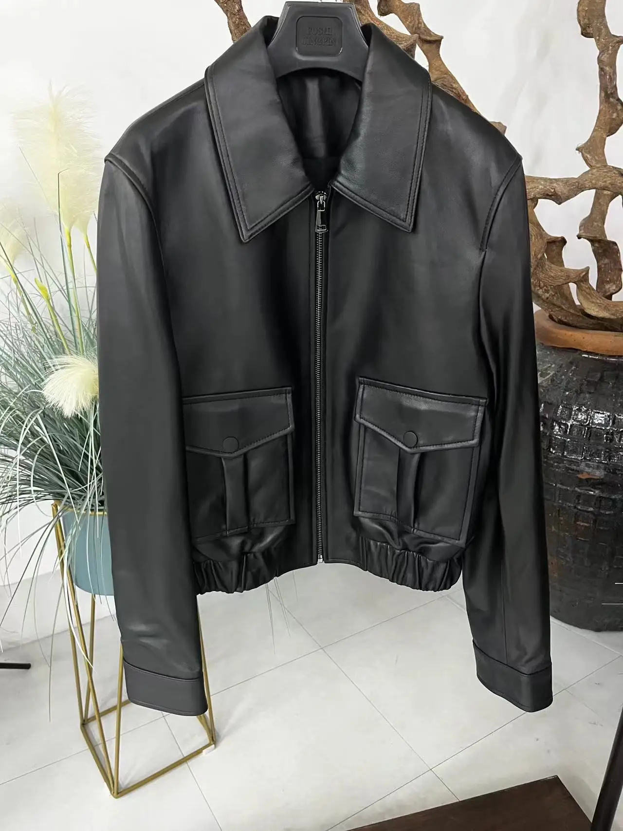 real and natural leather sheepskin jacket for women with turn-down collar black color and wind-proof and water proof fashion aut