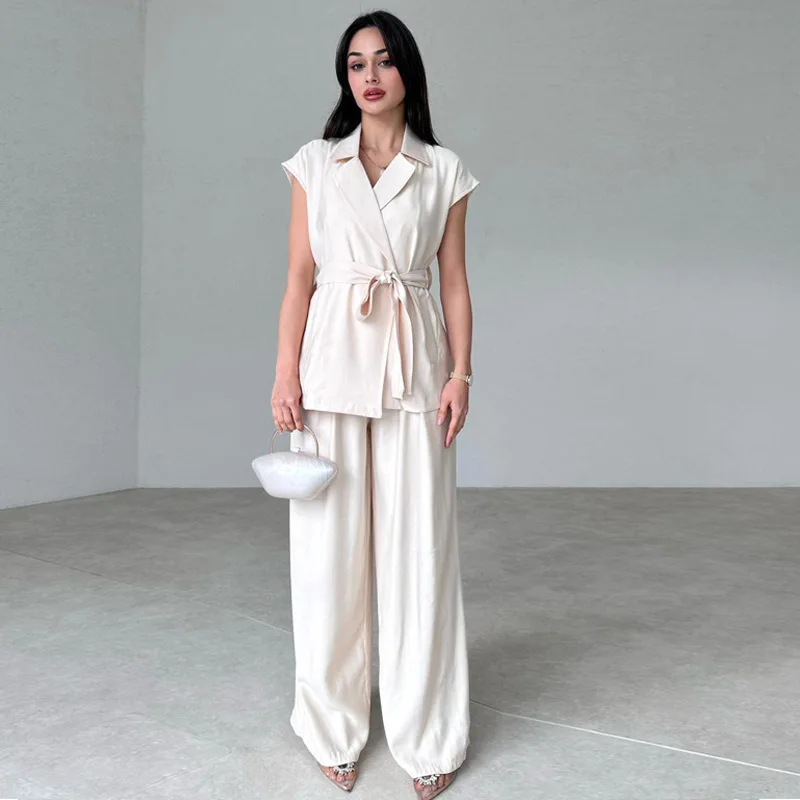 

Spring and Summer plus Size Loose Temperament Casual Sleeveless Suit Collar Lace-up Vest Fashion Sports Set Wholes