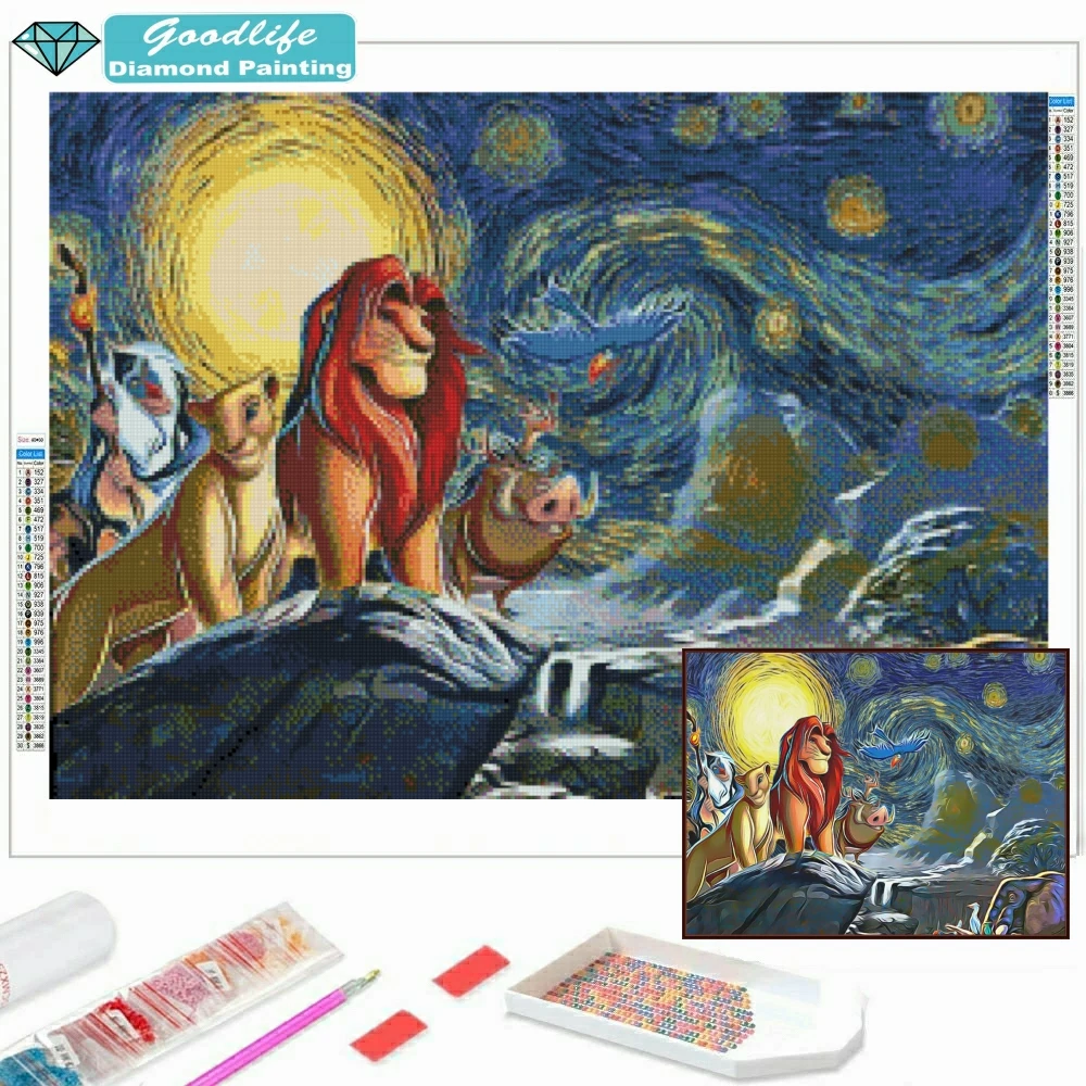 Simba The King Lion Van Gogh Starry Night 5D DIY Diamond Painting Embroidery Disney Cartoon Cross Stitch Gift Decor For Wall