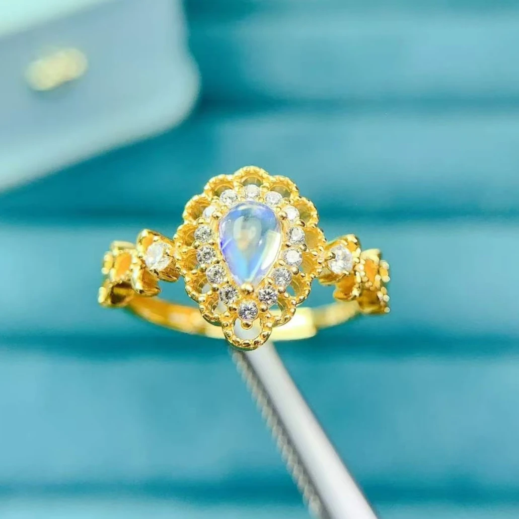 

Natural Moonstone Ring 925 Silver Teardrop Cut Blue Glow Moonstone Jewelry with Certificate Floral Halo 18K Gold Plated Ring