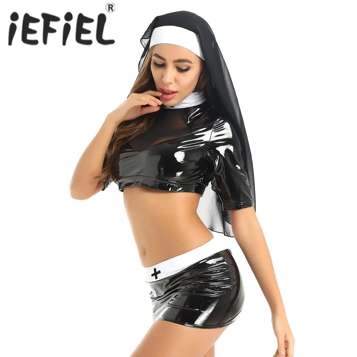 Womens Adults Naughty Nun Taoist Costume Halloween Roleplay Femme Fancy Cosplay Party Clubwear Top Mini Bodycon Skirt Headpiece