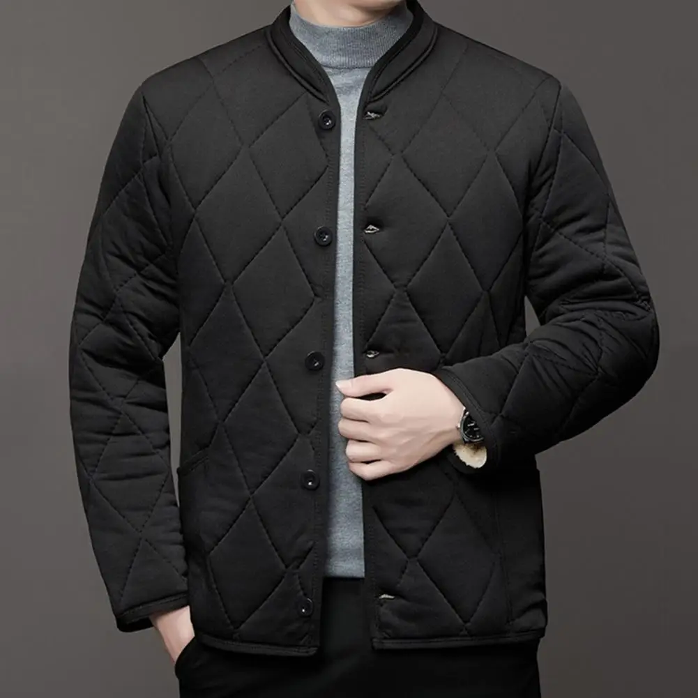 Cold-proof Jacket Men Single-breasted Coat Thickened Cotton Jacket with Stand Collar Quilted Padded Coat for Men Warm Winter