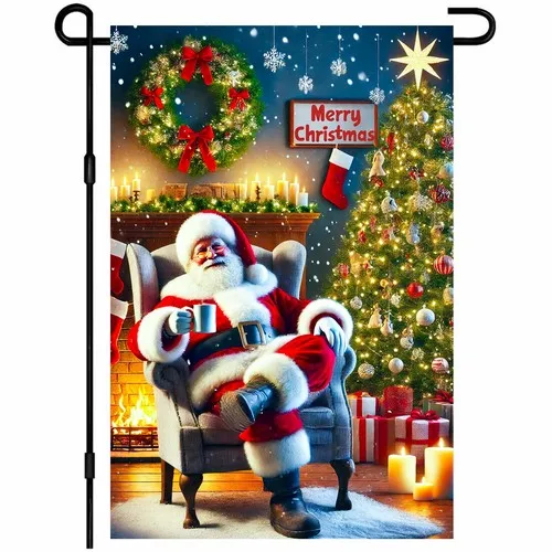 Merry Christmas Garden Flag 12x18 Inch Santa by Fireplace Tree Flag Snowy Win... YYZ