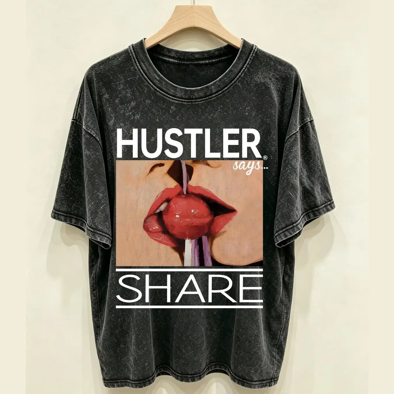 washed T Shirt Hustler Share kissing lollipop sexy lips girls size XL bleached lick vintage Washed Versatile Soft Unisex