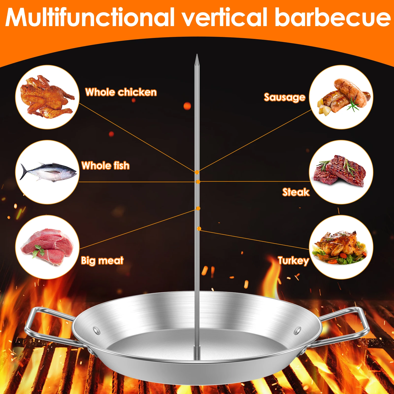 Stainless Steel Vertical Skewer Grill with Removable Spikes Vertical Barbecue Rack for Roasting Meat Steak Chicken Kebabs Holder