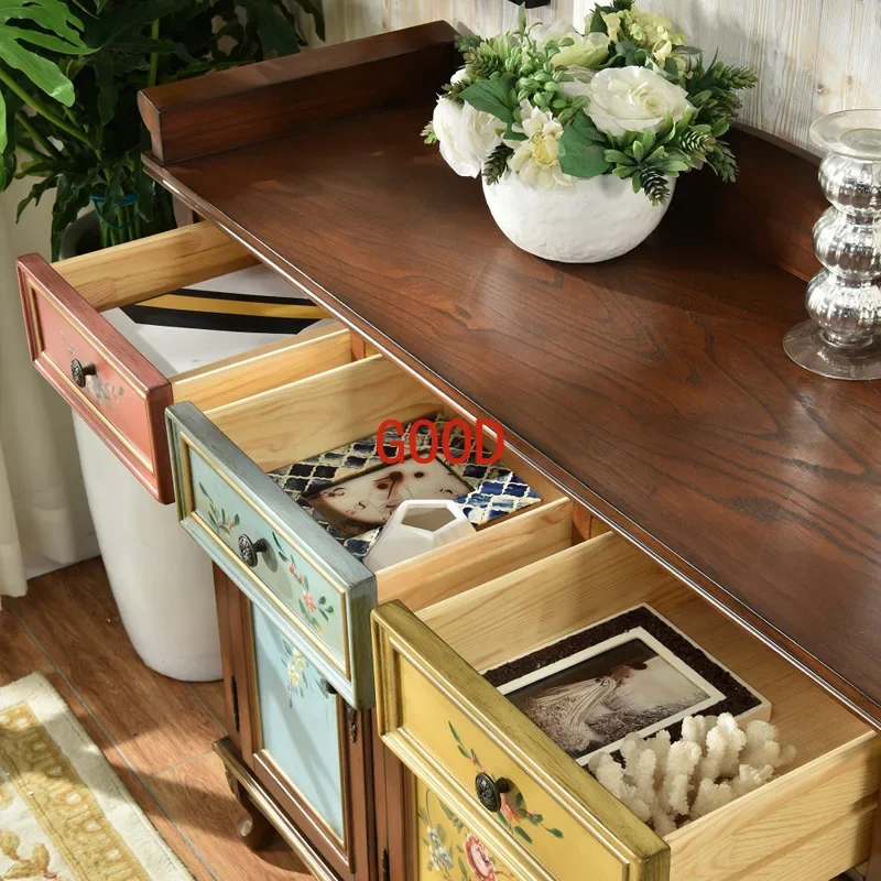Solid Wood Painted Shoe Cabinet Multi-Layer Shoe Rack Household Vintage Sideboard Cabinet Locker