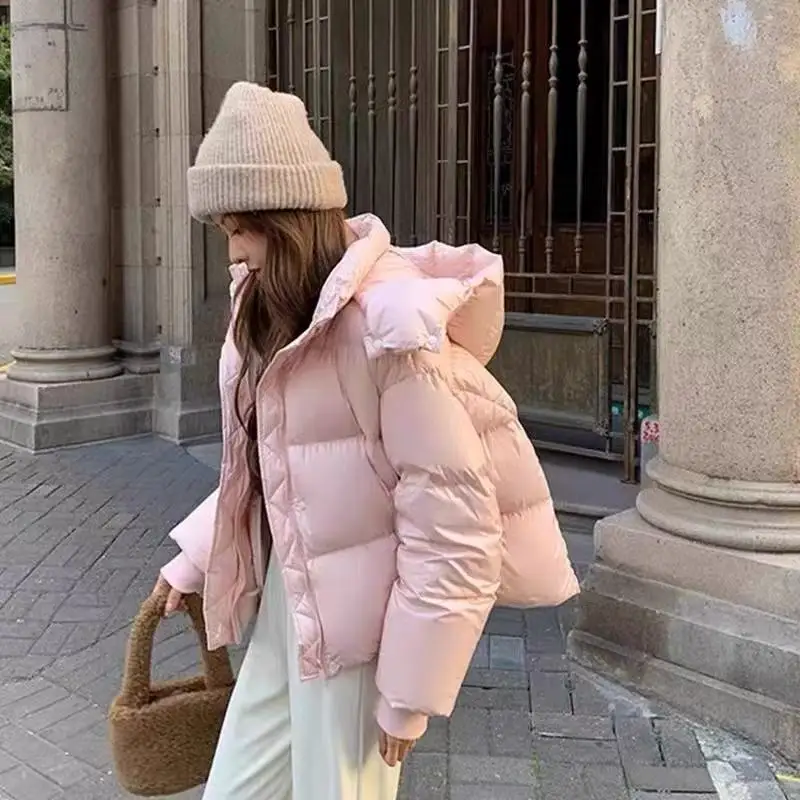 Fashion Solid Color Long-sleeved Fur Collar Hooded Bread Jacket Down Cotton Jacket Women Winter Thick New Versatile Coat