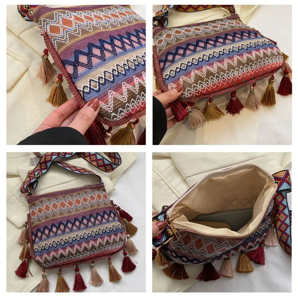 Ethnic Style Women\'s Bag Tassel Large Capacity Colorful Crossbody Bag Fashion Geometric Woven Shoulder Bag Trend Messenger Pouch