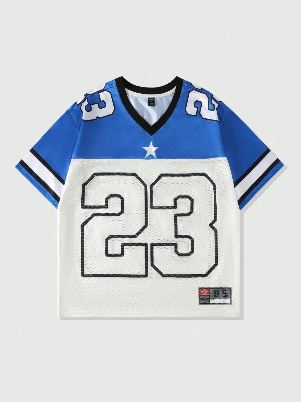 2026 Star Graphic Color‑Block Cropped V‑Neck Sports Jersey, Men Blue White Contrast Number Print Short‑Sleeve Street‑Wear Top