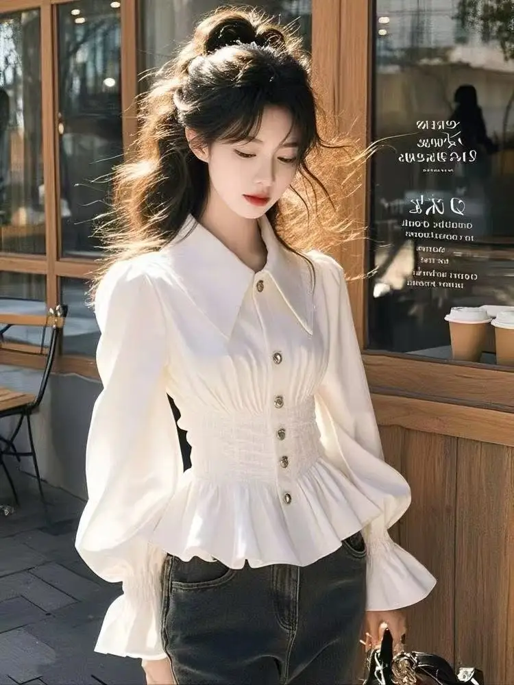 

2025 French High Quality White Shirt Cardigan Shirts Women Long Sleeve Casual Korean Office Lady Elegant Blouse Autumn Slim Tops