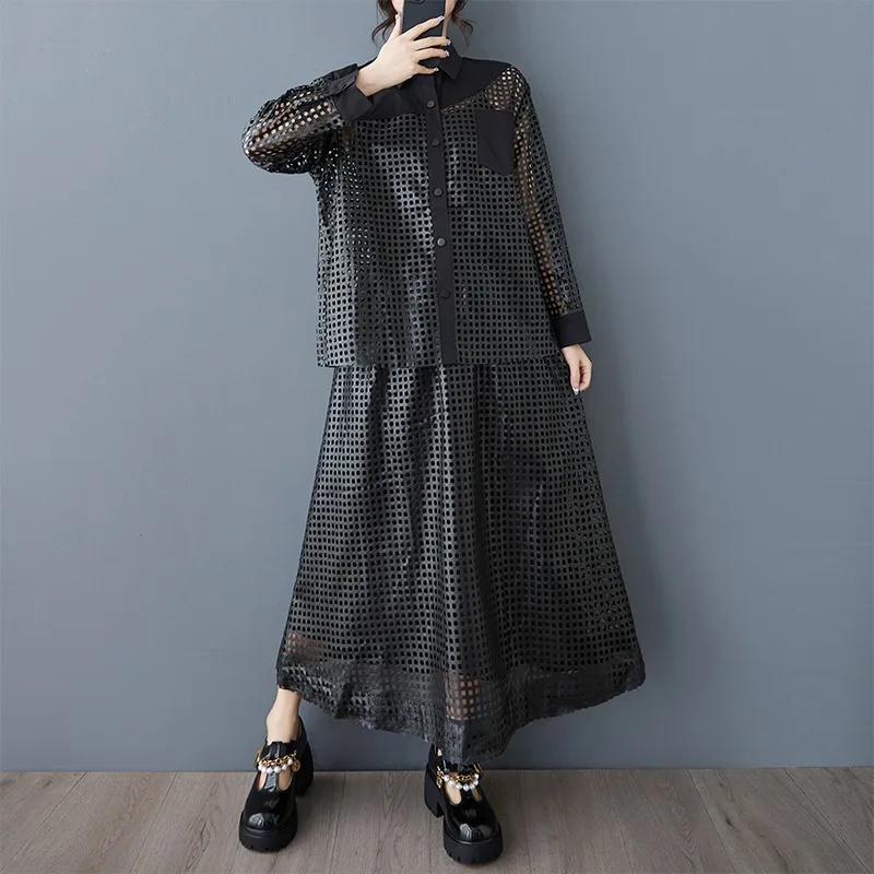 

Spring and Autumn niche design, fashionable hollow mesh leather shirt, loose casual versatile mesh leather skirt