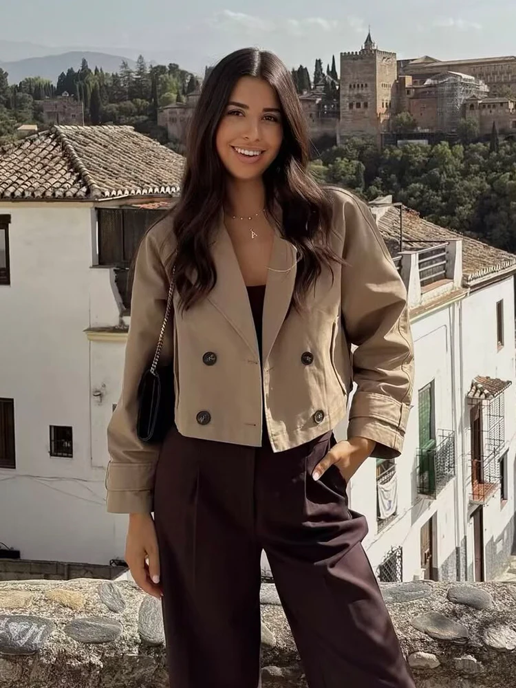 Damesmode korte trenchcoat met dubbele rij knopen, jassen met lange mouwen, vintage vrouwelijke bovenkleding, chique tops - afbeelding 2