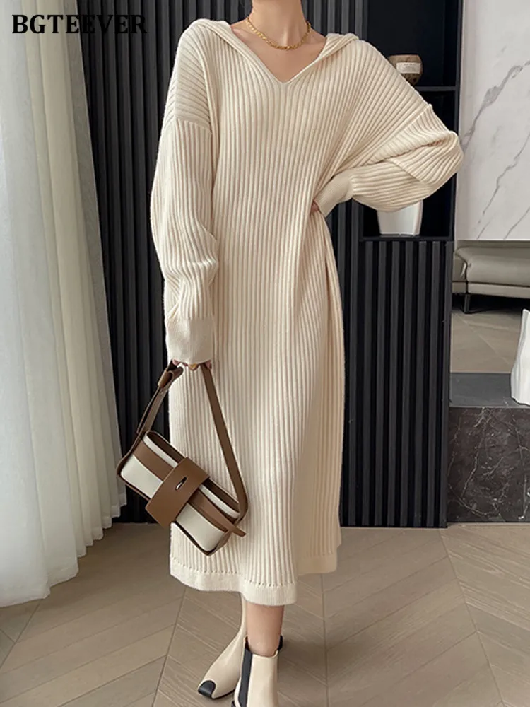 

BGTEEVER Casual Loose Hooded Knitted Sweater Dress for Women Long Sleeve Female Knitted Dress Autumn Winter Ladies Vestidos