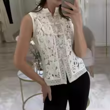 Lace Tops Long Sleeve Embroidered Hollow Out Blouse for Women - Sleeveless White