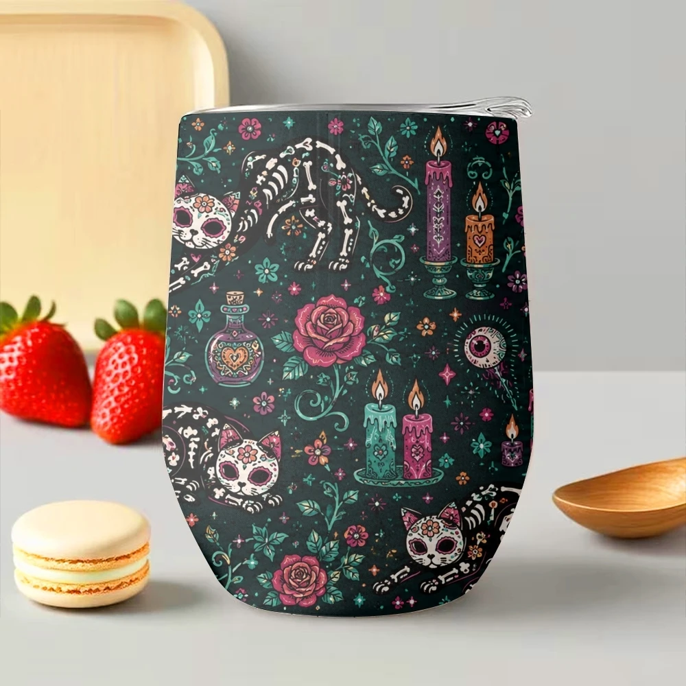 Spooky Calavera Cats Vacuum Flasks 12oz Insulated Stainless Steel Mug with Lid Double Wall Vacuum Hot Cold Drink Cup