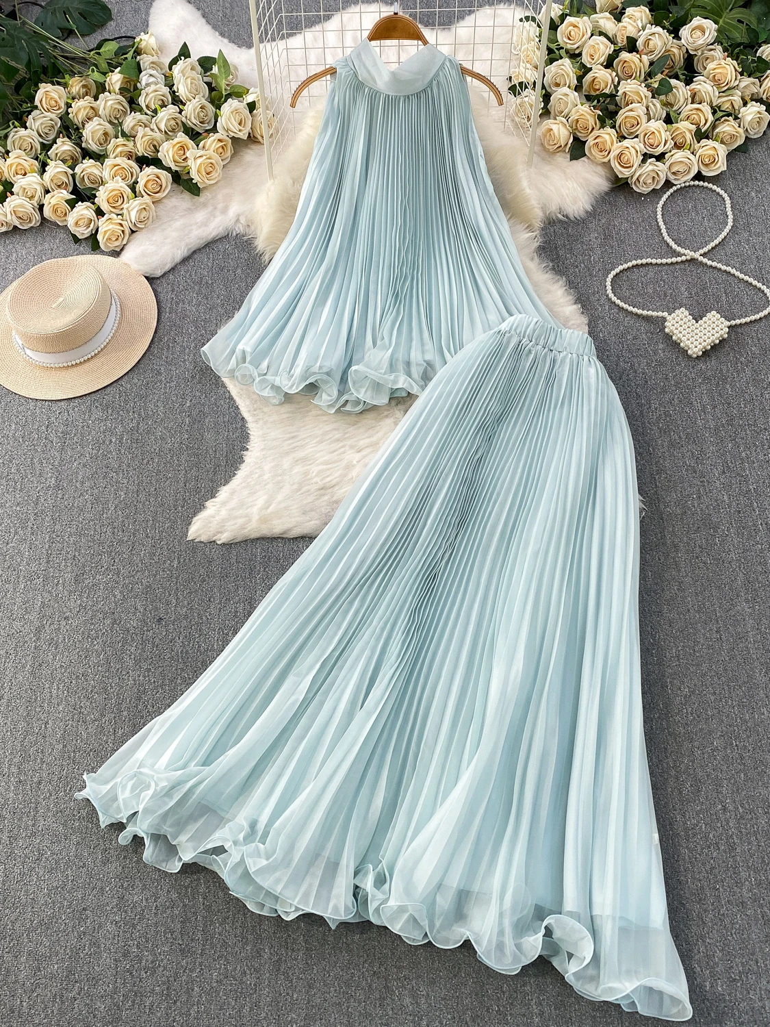 

Vacation Style Beautiful Photography Dress Slimming Neck Hanging Long Skirt Set Elegant Personality Pleated Midi Dress Two Pi...