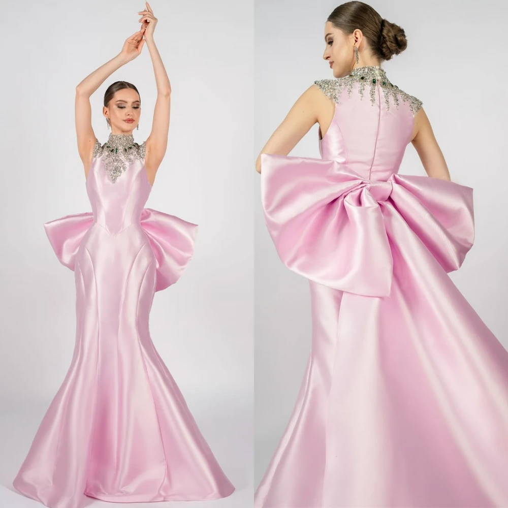 

Customized Exquisite Satin Sleeveless Evening Dress Delicate Crystal Prom Dresses Luxury Bow Mermaid Special Occasion Gowns