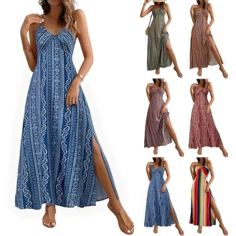 Women's floral print, casual long dress, V-neck bohemian dress, fashionable beachwear.