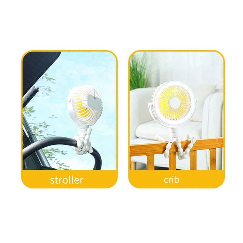 แบบพกพาพัดลมรถเข็นเด็กทารกแบบชาร์จไฟได้ Clip-On Octopus Night Light Mini Personal Handheld Portable Fan