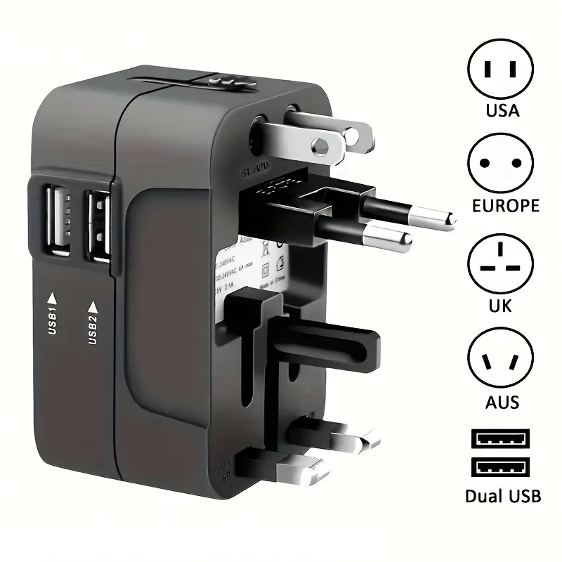 Universal Travel Adapter for US EU UK AUS Charger Adapter Outlet Converter Socket Plug Adapter with Dual USB Port